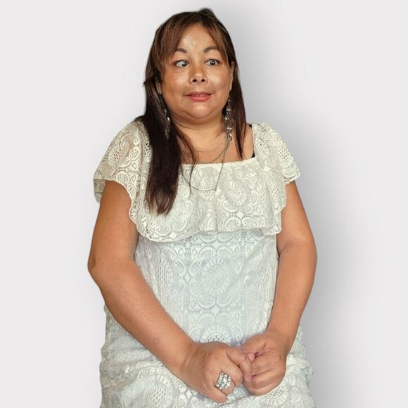 NO COMMENT WOMENS SIZE LARGE CREAM BEIGE LACE COTTON MIDI DRESS WITH SLIP - Picture 5 of 6